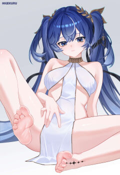 1girl absurdres alternate_costume artist_name bare_shoulders barefoot blue_eyes blue_hair closed_mouth commentary feet foot_focus foreshortening hand_on_own_crotch higekuru highres iuno_(wuthering_waves) laurel_crown long_hair multicolored_hair revealing_clothes soles solo spread_legs streaked_hair symbol-only_commentary tacet_mark_(wuthering_waves) thighs toes twintails very_long_hair wuthering_waves