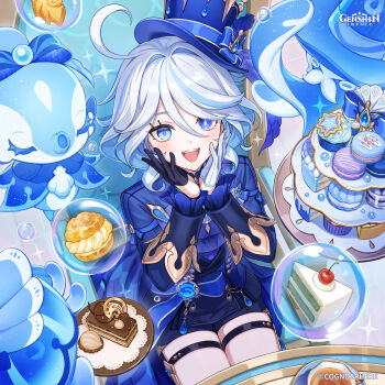 1girl absurdres ahoge asymmetrical_gloves black_gloves black_shorts blue_eyes blue_hat blue_jacket bubble cake commentary cream_puff drop-shaped_pupils english_commentary food furina_(genshin_impact) genshin_impact gloves hair_between_eyes hair_intakes hands_up hat heterochromia highres jacket long_sleeves looking_at_viewer macaron mismatched_gloves mismatched_pupils official_art open_mouth short_hair shorts sitting smile solo symbol-shaped_pupils teeth thigh_strap top_hat upper_teeth_only white_gloves white_hair