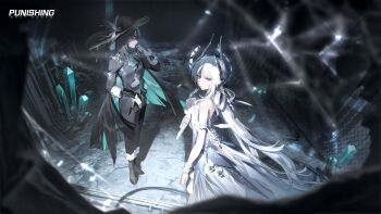 Rule 34 | 2girls, absurdres, aqua ascot, aqua hair, aqua pupils, ascot, barbed wire, black eyes, black hair, black jacket, black pants, blurry, blurry foreground, chain-link fence, colored inner hair, copyright name, crystal, fence, floating headgear, frilled cuffs, frilled gloves, frills, from side, full body, fur-trimmed pants, fur trim, gloves, hair between eyes, hand on own chest, headgear, high heels, highres, jacket, liv: limpidity (pgr), liv (pgr), long hair, long sleeves, looking ahead, looking at viewer, mechanical arms, melinoe (pgr), multicolored hair, multiple girls, official art, pants, parted lips, ponytail, punishing: gray raven, red eyes, turning head, very long hair, white gloves, white hair, white wrist cuffs, wrist cuffs