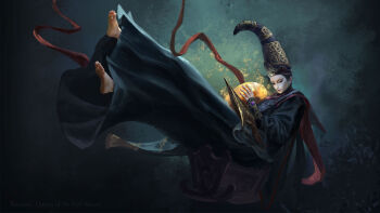 Rule 34 | 1girl, barefoot, black hair, blue background, blue robe, closed eyes, egg, elden ring, floating, golden egg, gradient background, highres, holding, holding egg, limo, long sleeves, ornate clothes, queen, red sash, rennala queen of the full moon, robe, sash, short hair, yellow headwear