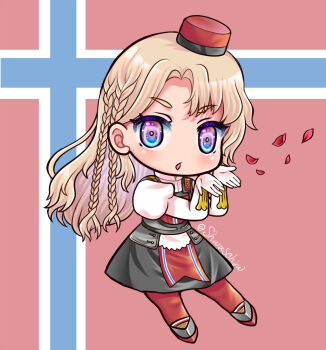 1girl black_dress blonde_hair blowing blush braid chibi chibi_only collared_shirt commentary_request dress eidsvold_(kancolle) elbow_gloves falling_petals full_body gloves grey_shoes hat izumi_shara kantai_collection long_hair looking_at_viewer mini_hat norwegian_flag open_mouth pantyhose petals purple_eyes red_hat red_pantyhose shirt shoes simple_background solo twitter_username white_background white_shirt