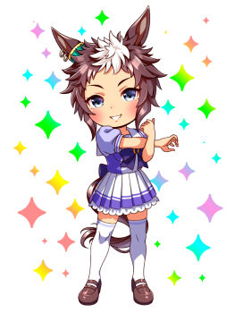 1girl animal_ears blue_eyes blush bow bowtie breasts brown_hair chibi chibi_only commentary_request full_body highres horse_ears horse_girl horse_tail looking_at_viewer mejiro_ryan_(umamusume) multicolored_hair open_mouth pleated_skirt puffy_short_sleeves puffy_sleeves purple_bow purple_bowtie purple_shirt sailor_collar sailor_shirt school_uniform shirt shoes short_hair short_sleeves skirt smile solo stretching sugimotty_nova tail thighhighs tracen_school_uniform two-tone_hair umamusume white_hair white_sailor_collar white_skirt white_thighhighs zettai_ryouiki