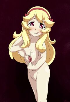 blonde_hair blush breasts chara: hairband highres licking_lips looking_at_viewer navel nipple_penetration nude open_nipples pussy red_eyes red_hairband ribbon satsuki_ayame_(seikon_no_qwaser) seikon_no_qwaser smile spread_nipples tongue tongue_out youngperv