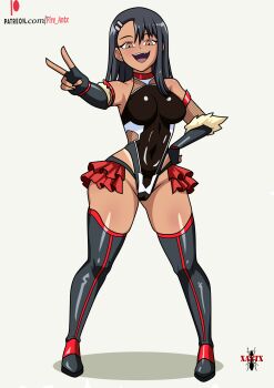 1girl absurdres alternate_breast_size_(larger) armpits artist_request black_hair black_leotard breasts brown_hair cosplay covered_navel curvy fingerless_gloves full_body gloves grin gun hair_ornament hairclip hand_on_own_hip highres ijiranaide_nagatoro-san leotard long_hair look-alike looking_at_viewer medium_breasts mizuki_yukikaze mizuki_yukikaze_(cosplay) nagatoro_hayase one-piece_tan open_mouth pink_eyes revealing_clothes shiny_skin smile solo standing taimanin_(series) taimanin_rpgx taimanin_suit taimanin_yukikaze tan tanline trait_connection v very_long_hair weapon white_background wide_hips