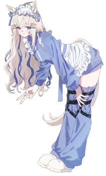 1girl absurdres ahoge alternate_costume animal_ears apron blue_eyes blue_hair blue_jacket blue_shorts blue_socks blue_track_suit blush closed_mouth frilled_apron frills full_body grey_hair grey_tail ha_(hura76752775) hair_between_eyes hair_ornament hairclip headdress highres horse_ears horse_girl horse_tail jacket jersey_maid leg_warmers long_hair long_sleeves looking_at_viewer maid maid_apron maid_headdress multicolored_hair oguri_cap_(umamusume) shoes shorts simple_background smile socks solo streaked_hair tail thigh_strap track_jacket track_suit umamusume umamusume:_cinderella_gray unconventional_maid v white_apron white_background white_headdress