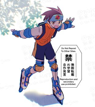 1boy black_shorts blue_gloves blue_headband brown_eyes brown_hair fingerless_gloves full_body gloves headband inline_skates knee_pads lan_hikari_(mega_man) male_focus mega_man_(series) mega_man_battle_network_(series) mizuirov orange_vest roller_skates shirt short_hair shorts skates solo vest watermark white_shirt