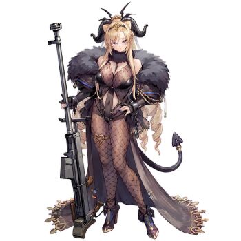 1girl alpha_transparency anti-materiel_rifle asymmetrical_bangs black_dress blonde_hair blue_nails bodystocking boys_(girls&#039;_frontline) boys_anti_tank_rifle braid breasts covered_navel cuffs demon_horns demon_tail dress drill_hair fishnet_bodystocking fishnets full_body fur-trimmed_dress fur_collar fur_trim game_cg girls&#039;_frontline gloves grey_eyes gun hand_on_own_hip high_heels highres horns large_breasts light_frown long_dress long_hair looking_at_viewer official_art open_clothes open_dress partially_fingerless_gloves rifle shackles sniper_rifle solo standing suzuno_(bookshelf) tail thigh_strap third-party_source transparent_background very_long_hair weapon