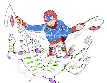 Rule 34 | 2boys, afterimage, anger vein, bad id, bad pixiv id, belt, cat teaser, closed eyes, cropped sweater, floppy disk, ghiaccio, guido mista, hat, jojo no kimyou na bouken, kome jo, long sleeves, male focus, midriff, motion lines, multiple boys, open mouth, smile, stand (jojo), sweater, vento aureo, white album (stand)