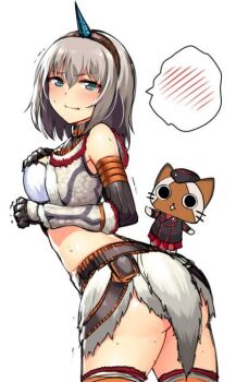 Rule 34 | 10s, 1girl, arched back, armpit peek, bad id, bad twitter id, bare shoulders, black gloves, blue eyes, blush, breasts, cowboy shot, elbow gloves, felyne, from side, girls und panzer, gloves, hairband, horns, horosuke, itsumi erika, kirin (armor), kuromorimine military uniform, large breasts, long hair, looking at viewer, looking to the side, medium breasts, monster hunter (series), parted lips, single horn, spoken blush, trembling, white hair