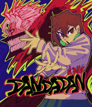 1boy 1girl absurdres artist_name ayase_momo black_jacket blue_background blue_skirt brown_eyes brown_hair copyright_name crossed_arms crossed_bangs dandadan earrings facial_mark furrowed_brow glasses hair_between_eyes highres jacket jewelry m3ll0_cm medium_hair multicolored_hair open_mouth parted_bangs pink_sweater pleated_skirt red_eyes red_hair school_uniform short_hair skirt streaked_hair sweater takakura_ken_(dandadan) takakura_ken_(transformed)_(dandadan) teeth wavy_hair white_hair