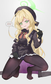 1girl @_@ absurdres beret black_bow black_coat black_dress black_gloves black_hat black_pantyhose black_sailor_collar black_serafuku black_shirt black_skirt blonde_hair blue_archive blush bow bowtie charisma_break coat commentary cowlick dress embarrassed feet frilled_dress frilled_skirt frills full_body furrowed_brow gloves gluteal_fold green_eyes green_halo hair_bow hair_intakes halo hand_up hat highres kneeling loli long_hair long_sidelocks long_sleeves looking_at_viewer nervous_smile nervous_sweating no_shoes open_clothes open_coat open_mouth panties panties_under_pantyhose pantyhose pleated_skirt professor_niyaniya_(blue_archive) red_bow red_bowtie sailor_collar school_uniform serafuku sercet shirt sidelocks simple_background skirt smile solo speech_bubble spoken_blush squatting sweat sweatdrop thighs tiptoes toes underwear very_long_hair wavy_hair white_background wide_sleeves yellow_halo