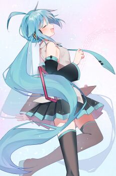 1girl alt_text alternate_hairstyle aqua_hair aqua_necktie aqua_trim bare_shoulders black_boots black_skirt black_sleeves boots closed_eyes collared_shirt detached_sleeves grey_shirt hatsune_miku headphones highres long_hair low_twintails mani_(manidrawings) miniskirt necktie open_mouth shirt skirt sleeveless sleeveless_shirt standing standing_on_one_leg thigh_boots tie_clip twintails very_long_hair vocaloid