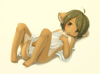 Rule 34 | ahoge, animal ears, barefoot, blanket, blush, flat chest, furry, kagerofu, lying, nude, orange eyes, short hair, tail