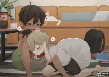 2boys absurdres bag bare_legs barefoot black_hair blonde_hair blush book bottle cat closed_eyes commentary_request controller couch cup dark-skinned_male dark_skin disposable_cup erection fellatio futon game_controller hand_in_another's_hair hand_on_another's_head heart highres holding indoors kodomo_doushi male_focus moaning multiple_boys omurice_(roza4957) open_mouth oral original penis penis_out pillow rug short_hair short_sleeves shorts shota soda_bottle table tan tank_top yaoi
