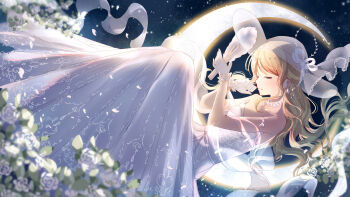 1girl bare_shoulders bison_cangshu blonde_hair blurry closed_eyes closed_mouth collarbone crescent_moon depth_of_field dress earrings female_focus flower from_side full_body hat highres jewelry long_hair miracle_nikki moon night night_sky nikki_(series) rose see-through_clothes sky smile solo star_(sky) starry_sky white_dress white_flower white_rose