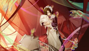 Rule 34 | 1girl, apron, black hair, blanket, closed mouth, crib, curtains, disembodied hand, dress, feet out of frame, flower, hair over one eye, highres, holding, holding blanket, key, long dress, long sleeves, looking at viewer, neck flower, one eye covered, pink eyes, puffy long sleeves, puffy sleeves, purple dress, purple flower, reverse:1999, short hair, smile, solo, standing, swaddled, tuesday (reverse:1999), white apron, ylceon