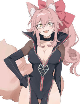 1girl animal_ear_fluff animal_ears black_bodysuit blush bodysuit bow breasts center_opening choker cleavage clothing_cutout fate/grand_order fate_(series) fox_ears fox_girl fox_tail glasses hair_between_eyes hair_bow highres hip_vent kaigan0211 koyanskaya_(assassin)_(first_ascension)_(fate) koyanskaya_(fate) large_breasts long_hair looking_at_viewer open_mouth pink_bow pink_hair ponytail sidelocks smile solo tail yellow_eyes