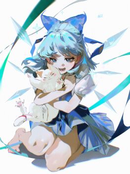 1girl absurdres akishycat bare_legs blue_bow blue_dress blue_eyes blue_hair bow cat cirno commentary detached_wings dress english_commentary fairy fairy_wings hair_bow highres hug ice ice_wings kneeling medium_hair open_mouth pinafore_dress puffy_short_sleeves puffy_sleeves short_sleeves simple_background sleeveless sleeveless_dress solo sparkle sparkling_eyes touhou white_background white_cat wings