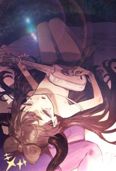 absurdres armpits barefoot bed black_hair black_ribbon flat_chest guitar highres horns instrument loli long_hair off_shoulder on_bed original ribbon ribs thighs tsurime