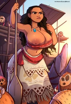 1girl absurdres alternate_breast_size_(larger) areola_slip arm_up armpits bare_shoulders black_hair breasts brown_eyes dark-skinned_female dark_skin disney emmabrave feet_out_of_frame highres huge_breasts jewelry long_hair midriff moana_(movie) moana_waialiki navel necklace nipple_slip nipples oar outdoors solo strapless tube_top very_long_hair