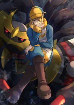 1boy blonde_hair blue_jumpsuit closed_mouth fur-trimmed_jumpsuit fur_trim gen_4_pokemon ginkgo_guild_uniform giratina giratina_(origin) grey_eyes hair_over_one_eye hat highres jumpsuit legendary_pokemon long_sleeves male_focus multicolored_hat nintendo pokemon pokemon_(creature) pokemon_legends:_arceus scarf shirt short_hair smile two-tone_headwear volo_(pokemon) yellow_hat yomogi_(black-elf)