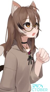 1girl :o ahoge animal_ears black_choker brown_eyes brown_hair brown_hoodie choker crossed_bangs gears glasses highres hololive hololive_english hood hoodie jewelry long_hair looking_up multicolored_hair nanashi_mumei nanashi_mumei_(casual) necklace official_alternate_costume oversized_clothes red_shirt round_eyewear shirt streaked_hair sweater teeth upper_body upper_teeth_only virtual_youtuber white_sweater wide_sleeves yoako