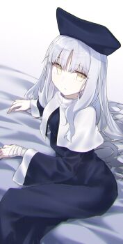 1girl bandages beret black_dress black_hat breasts capelet caren_hortensia dress fate/hollow_ataraxia fate_(series) hat highres long_hair long_sleeves looking_at_viewer sitting small_breasts white_capelet white_hair yellow_eyes yubeshi_(zecxl)