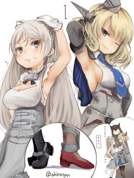 &gt;_&lt; 3girls akino_shuu arm_up armpits blonde_hair blue_eyes blue_necktie blush breast_press breasts brown_eyes capelet cleavage cleavage_cutout closed_mouth clothing_cutout collared_shirt colorado_(kancolle) conte_di_cavour_(kancolle) conte_di_cavour_nuovo_(kancolle) dress female_focus garrison_cap gloves grey_eyes grey_headwear hand_on_own_hip hat headgear height_comparison height_conscious height_difference inset japanese_text jitome kantai_collection large_breasts layered_dress long_hair looking_at_another looking_to_the_side motion_lines multiple_girls nagato_(kancolle) necktie one_eye_closed pout romaji_text rudder_footwear shiny_footwear shiny_skin shirt short_hair short_sleeves sideboob silver_hair simple_background sleeveless sleeveless_shirt smile smug sound_effects standing sweat sweatdrop symmetrical_docking thighhighs tiptoes translation_request trembling twitter_username very_long_hair wavy_mouth white_background white_dress white_shirt