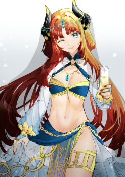Rule 34 | 1girl, ;p, absurdres, breasts, circlet, cowboy shot, drink, genshin impact, grey background, harem outfit, highres, holding, holding drink, horns, jewelry, long hair, long sleeves, looking at viewer, low twintails, nail polish, navel, nilou (genshin impact), one eye closed, parted bangs, pelvic curtain, rayla (rayla illust), red hair, red nails, sidelocks, simple background, skirt hold, small breasts, solo, stomach, thighlet, thighs, tongue, tongue out, twintails, veil