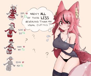 1girl :3 animal_ear_fluff animal_ears antlers autsellia autsellia_(vtuber) black_panties black_thighhighs blush bra breasts commentary english_commentary finger_to_face fox_ears fox_girl fox_tail gloves grey_shirt hat horns indie_virtual_youtuber large_breasts like_and_retweet midriff navel panties pink_hair red_eyes red_gloves red_thighhighs reindeer_antlers revealing_clothes santa_hat shirt single_bare_shoulder single_hair_streak speech_bubble sweat tail thighhighs thought_bubble underwear virtual_youtuber white_bra