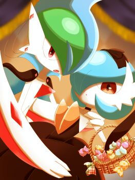 1boy 1girl :o absurdres alternate_color arm_around_shoulder arm_blade basket black_cape black_choker black_dress black_gloves black_hairband blue_hair blurry blurry_background bob_cut candy cape choker colored_skin dress dutch_angle ear_chain elbow_carry elbow_gloves fangs flat_chest food gallade gardevoir gen_3_pokemon gen_4_pokemon gloves green_hair hair_over_one_eye hairband hand_on_another&#039;s_shoulder hand_up highres holding holding_basket indoors linked_piercing looking_at_viewer mega_gallade mega_gardevoir mega_pokemon mohawk multicolored_hair nintendo one_eye_covered open_mouth orange_eyes piercing pokemon pokemon_(creature) sahari_(373_lsa) shiny_pokemon short_hair standing strapless strapless_dress two-sided_cape two-sided_fabric two-tone_hair upper_body weapon white_skin