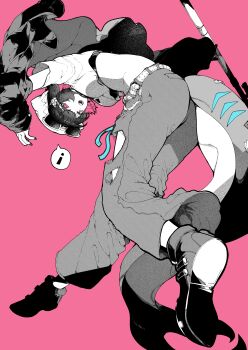 ! 1girl absurdres alternate_costume breasts commentary ellen_joe eyewear_on_headwear fins fish_tail greyscale_with_colored_background hat highres jacket long_sleeves looking_at_viewer medium_breasts midriff monochrome pants pink_background pink_eyes shark_girl shark_tail shirt shoes short_hair simple_background solo spoken_exclamation_mark sunglasses tail torn_clothes torn_pants yotsumi_shiro zenless_zone_zero