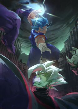 2boys aura blue_hair blue_pants blue_shirt boots clenched_hand colored_skin dougi dragon_ball dragon_ball_super earrings fused_zamasu gloves green_skin highres incoming_attack incoming_punch jewelry male_focus midair multicolored_skin multiple_boys muscular muscular_male orange_pants pants potara_earrings punching purple_skin shirt spiked_hair super_saiyan super_saiyan_blue terminal_000 two-tone_skin vegetto white_boots white_gloves white_hair