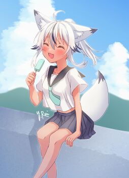 1girl :3 ^_^ absurdres ahoge animal_ear_fluff animal_ears aqua_necktie black_hair black_sailor_collar black_skirt blue_sky blush closed_eyes cloud commentary_request dark-skinned_female dark_skin feet_out_of_frame food highres holding holding_food holding_popsicle miniskirt multicolored_hair necktie open_mouth original pleated_skirt ponytail popsicle sailor_collar school_uniform serafuku shirt signature sitting skirt sky solo streaked_hair tail white_hair white_shirt yukimura_88