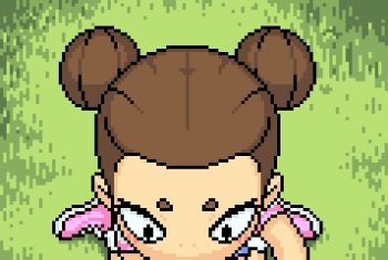 1girl akai_(ugokashitari) animated animated_gif double_bun from_above grass hair_bun implied_fellatio loli looking_at_viewer looking_up lowres miura_akira pixel_art pov shoes sitting wariza youkai_watch