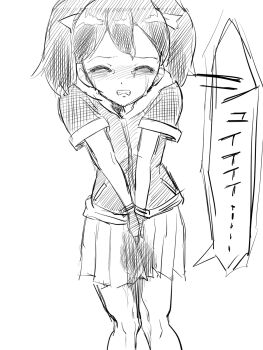 1girl bike_shorts bike_shorts_under_skirt blush breasts clenched_teeth closed_eyes embarrassed gloves highres japanese_text legs loves monochrome peeing peeing_self saru_getchu sayaka_(saru_getchu) sketch skirt small_breasts solo sony teeth thighs traditional_media translation_request twintails