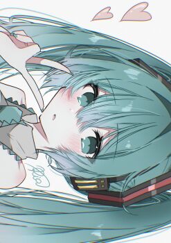 1girl absurdres aqua_eyes aqua_hair aqua_nails aqua_necktie aqua_trim bare_shoulders blush collared_shirt commentary fingernails grey_shirt hair_between_eyes hair_ornament hand_up hatsune_miku headphones heart highres looking_at_viewer necktie open_mouth portrait ria_art shirt sideways signature simple_background sleeveless sleeveless_shirt solo thick_eyelashes twintails v vocaloid white_background