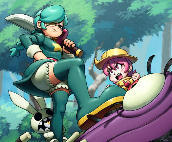 2girls angry annie_(skullgirls) belt bloomers boots braid dress eyepatch frown grabbing_another&#039;s_leg green_hair hand_on_own_hip hat highres holding holding_sword holding_weapon hungern_(skullgirls) long_hair looking_at_another multiple_girls open_mouth painting_(object) pink_eyes pink_hair raincoat revtilian sagan_(skullgirls) short_dress short_hair skullgirls stage stepped_on sword thigh_boots twin_braids umbrella umbrella_(skullgirls) underwear upskirt weapon wide-eyed yellow_eyes