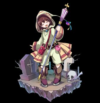 1girl :d ^_^ bag bare_tree belt black_background blanca_(merc_storia) blush bone boots brown_belt brown_boots brown_hair closed_eyes cross flat_chest full_body grave graveyard hair_between_eyes head_tilt highres holding holding_staff hood hood_up hooded_shirt long_sleeves merc_storia merc_storia_art_team official_art open_mouth shirt short_hair shorts simple_background skull smile solo staff standing tachi-e teeth tree upper_teeth_only white_shirt white_shorts wide_sleeves