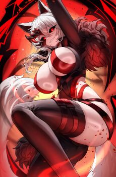 Rule 34 | 1girl, animal ears, belt, black belt, black boots, black sclera, boots, breastless clothes, breasts, cat ears, cat girl, cat tail, colored sclera, commentary, commission, erbium, falling petals, feet out of frame, floating hair, fur trim, grey hair, grin, hair between eyes, highres, kage no jitsuryokusha ni naritakute!, kage no jitsuryokusha ni naritakute! master of garden, large breasts, looking at viewer, official alternate costume, petals, red eyes, revealing clothes, shiny skin, smile, solo, tail, thigh boots, thigh strap, thighs, zeta (kagejitsu)