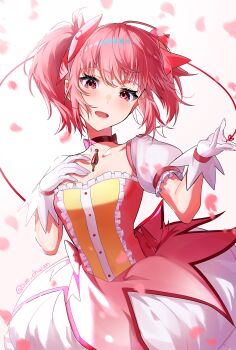 1girl absurdres bow bow_choker breasts bubble_skirt buttons center_frills chest_jewel choker cleavage collarbone commentary cowboy_shot dress english_commentary eyelashes floating_clothes floating_hair frilled_dress frilled_skirt frilled_sleeves frills gem gloves hair_bow hand_on_own_chest happy heart highres kaname_madoka kaname_madoka_(magical_girl) light_blush looking_at_viewer magical_girl mahou_shoujo_madoka_magica mahou_shoujo_madoka_magica_(anime) miniskirt open_mouth outstretched_hand petals pink_bow pink_dress pink_eyes pink_gemstone pink_hair puffy_short_sleeves puffy_sleeves red_bow red_choker short_dress short_hair short_sleeves skirt skirt_under_dress smile solo square_neckline string string_around_finger string_of_fate sue_chwan twitter_username waist_bow white_background white_gloves white_skirt white_sleeves