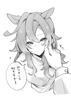 1girl 1other alternate_hair_length alternate_hairstyle amano_(amano_miko) animal_ears blush closed_mouth greyscale hair_between_eyes hand_on_another&#039;s_face heart highres horse_ears horse_girl long_hair looking_at_viewer monochrome pov shirt simple_background solo_focus speech_bubble spoken_heart t.m._opera_o_(umamusume) thought_bubble translation_request umamusume upper_body white_background