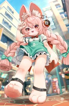 1girl :3 :d absurdres ahoge animal_ear_fluff animal_ear_piercing animal_ears animal_feet artist_name barefoot black_panties blurry blurry_background bow bowtie braid breasts cameltoe commentary comodox dress english_commentary from_below full_body furry furry_female green_bow green_dress hair_bow hair_ornament highres loli long_hair looking_at_viewer open_mouth outdoors paid_reward_available panties pinafore_dress pink_hair puffy_short_sleeves puffy_sleeves red_bow red_bowtie red_eyes shirt short_sleeves signature sleeveless sleeveless_dress small_breasts smile solo sphere_hair_ornament standing standing_on_one_leg twin_braids underwear variant_set very_long_hair white_shirt zenless_zone_zero zhao_(zenless_zone_zero)