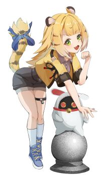 1girl animal_ear_fluff animal_ears bangboo_(zenless_zone_zero) blonde_hair colored_inner_hair green_eyes highres ju_fufu long_hair looking_at_viewer lotai luckyboo_(zenless_zone_zero) multicolored_hair open_mouth shirt shorts simple_background smile solo tail tiger_ears tiger_girl tiger_tail white_hair zenless_zone_zero