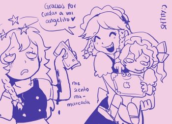 3girls ^_^ banknote bleeding blood braid closed_eyes commentary dollar_bill english_text flandre_scarlet highres izayoi_sakuya kirisame_marisa maid money monochrome multiple_girls pointy_ears sh1tty2 shoes side_braid signature single_braid spanish_text star_(symbol) teeth touhou translated upper_body upper_teeth_only