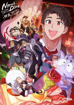 1other 5boys ^_^ absol_(dkqthf) animal_ears arms_up asahi_(norn's_dine) ascot bacon bara beard belt black_boots blonde_hair boots bread bread_slice broad_shoulders broccoli brown_gloves brown_hair bulge cake chinstrap_beard cigar closed_eyes coat commentary_request cow_boy cow_ears cow_horns cup dark-skinned_male dark_skin dress_shoes earrings facial_hair fang fingerless_gloves food fork formal_clothes frederick_(norn's_dine) fried_egg fried_egg_on_toast fur-trimmed_jacket fur_trim furry furry_male giulio_(norn's_dine) gloves green_eyes grey_jacket grey_pants grin hand_on_own_chin headband highres holding holding_food holding_fork holding_plate holding_skewer horns huge_pectorals jacket jewelry knee_pads large_pectorals lettuce light_blush male_focus maple_syrup meat multiple_boys murmur_(norn's_dine) muscular muscular_male necktie norn's_dine open_mouth orange_scarf orfeo_(norn's_dine) pancake pants pectoral_cleavage pectorals plate purple_headband purple_shirt red_ascot red_eyes red_necktie sauce scar scar_across_eyebrow scar_on_arm scar_on_chest scar_on_face scarf shido_(norn's_dine) shirt sideburns single_earring skewer sleeveless small_horns smile strawberry_shortcake suit tail teacup thick_eyebrows tiger_boy tiger_ears tiger_tail toast vegetable white_hair white_pants