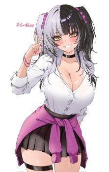 1girl alternate_costume artist_name bangle black_choker black_hair black_skirt blush bracelet breasts cardigan choker cleavage clothes_around_waist collared_shirt cowboy_shot dress_shirt earrings grey_hair grin gyaru hair_ornament hair_scrunchie hand_up hashtag-only_commentary highres hololive hololive_english hoop_earrings jewelry large_breasts long_hair looking_at_viewer multicolored_hair pink_cardigan pink_nails pink_scrunchie pleated_skirt ring school_uniform scrunchie shiori_novella shirt simple_background skindentation skirt sleeves_rolled_up smile solo split-color_hair standing thigh_strap two-tone_hair two_side_up v very_long_fingernails virtual_youtuber vorkiss white_background white_shirt yellow_eyes