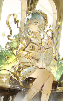 Rule 34 | 1girl, black hairband, blue eyes, blue hair, book, closed mouth, double-parted bangs, dress, feathers, feet out of frame, frilled hairband, frills, hair between eyes, hairband, highres, holding, holding book, long sleeves, open book, original, short hair, sitting, socks, solo, watermark, white dress, white socks, zeriko