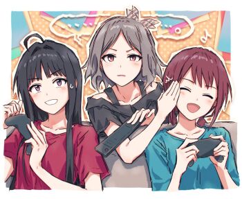 ... 3girls ^_^ ahoge awa_subaru black_hair black_shirt blue_shirt blush border brown_hair closed_eyes collarbone controller cropped_torso ebizuka_tomo game_controller girls_band_cry grey_hair hair_intakes hitting holding holding_controller holding_game_controller holding_remote_control iseri_nina long_hair low_twintails multiple_girls open_mouth outline purple_eyes red_eyes red_shirt remote_control shirt short_hair short_sleeves short_twintails sidelocks spoken_ellipsis sweatdrop twintails upper_body white_border white_outline yukitake_(bullfalk)