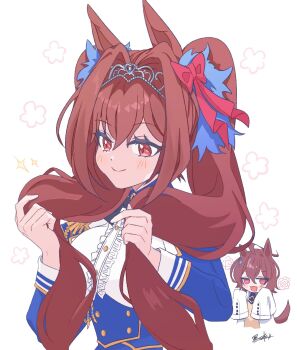 2girls :3 agnes_tachyon_(umamusume) animal_ears blue_jacket blush bow brown_hair closed_mouth coat daiwa_scarlet_(umamusume) hair_between_eyes hair_bow hair_intakes highres horse_ears horse_girl horse_tail jacket kuro_sato lab_coat long_hair long_sleeves medium_hair multiple_girls red_bow red_eyes shirt simple_background sleeves_past_fingers sleeves_past_wrists smile tail tiara translation_request twintails very_long_hair white_background white_coat white_shirt